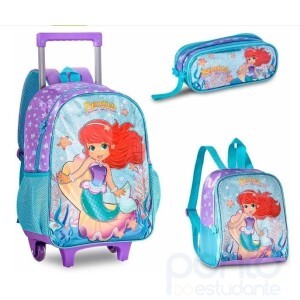 Kit Mochila De Rodinhas Sereia Com Estojo E Lancheira Encanto Dos Mares - Ravi